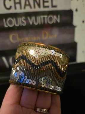 SAACHI Gold and Black Sequin Beaded Cuff Bracelet